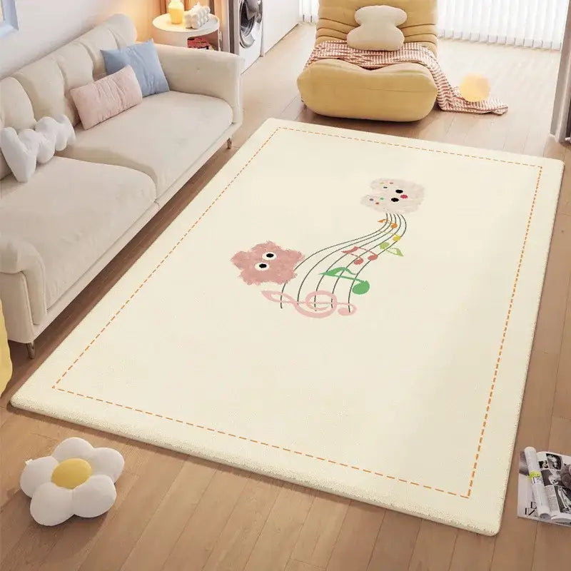 Cozy carpet cream-colored plush rectangular rug with decorbites cartoon ball print featuring cute animals and musical notes