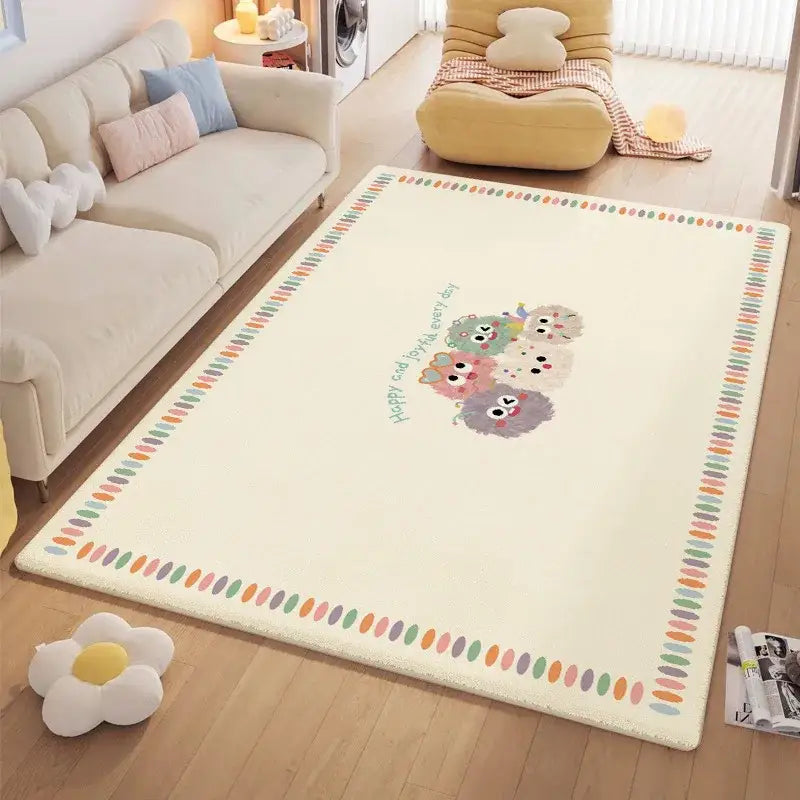 Cozy carpet cream-colored plush area rug with decorbites cartoon ball print and colorful dotted border for bedroom decor