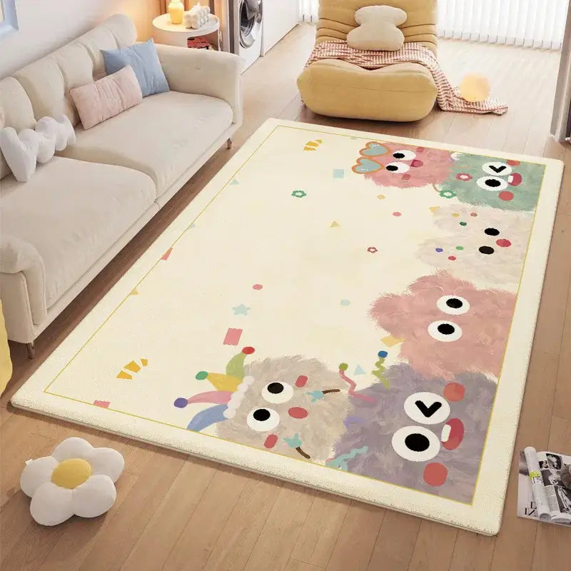 Cream-colored cozy carpet with decorbites cartoon ball print featuring fluffy characters and pastel accessories