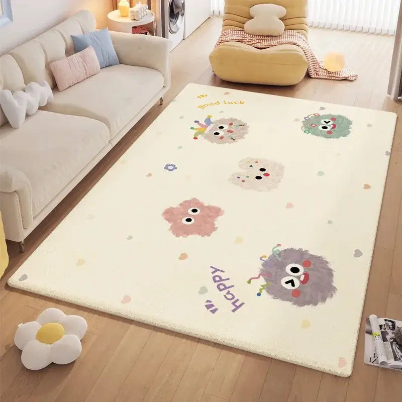 Cozy carpet cream-colored plush area rug with decorbites cartoon ball print featuring pastel fuzzy creatures
