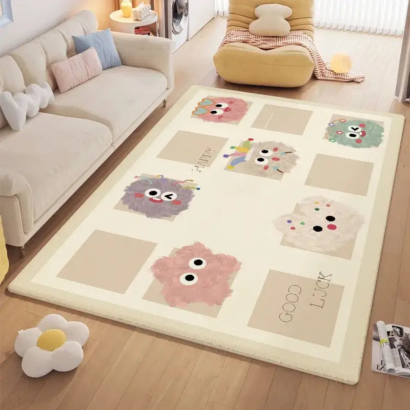 Cream-colored cozy carpet with plush texture and pastel cartoon ball print featuring grid of monsters on beige squares