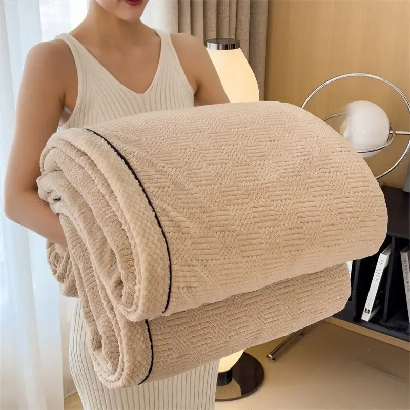 Beige plush throw blanket with textured herringbone pattern and black stitched trim in cozy carved velvet decorbites style