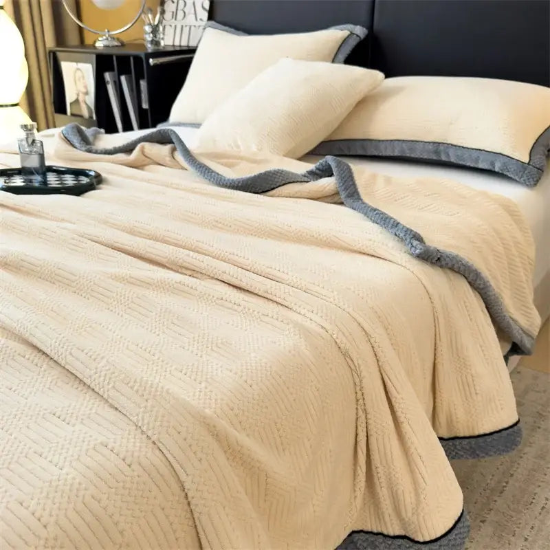 Cream-colored textured throw blanket with gray ribbed trim made of cozy carved velvet for decorbites cozy carved use