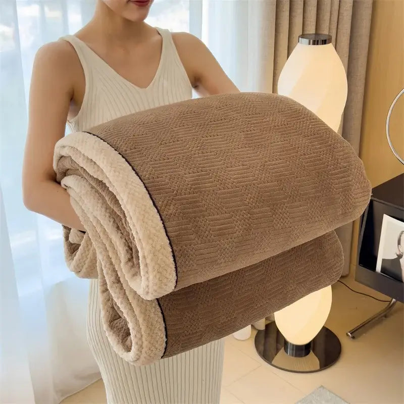 A cozy carved velvet cream and gray quilted bedroom throw with a double-sided brown and cream fleece woven pattern