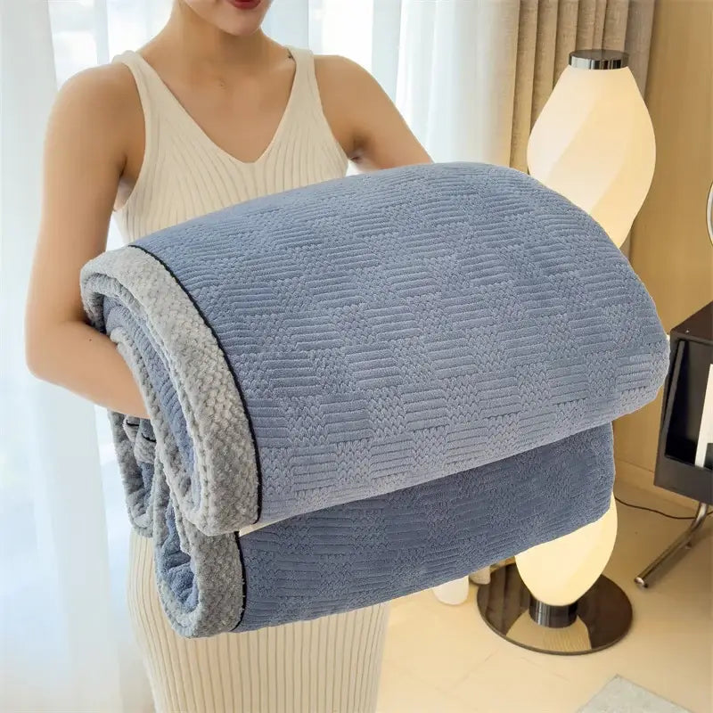 Cozy carved velvet double-sided fleece blanket in blue and gray with textured weave for decorbites cozy carved use