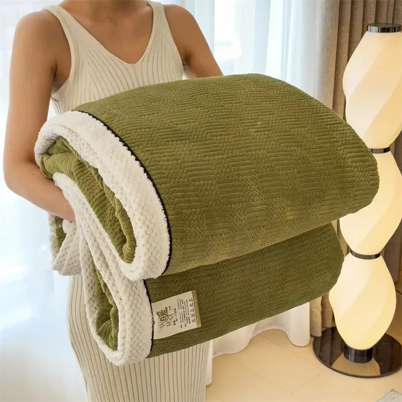 Olive green corduroy blanket with plush white sherpa lining complements decorbites cozy carved velvet throw