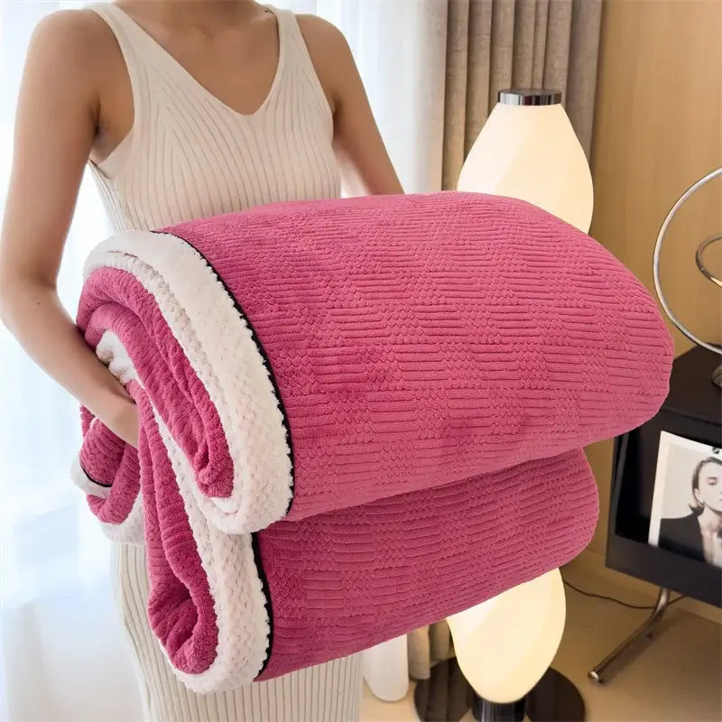 A cozy carved velvet pink fleece blanket with soft white sherpa lining and ribbed texture for decorbites cozy carved use