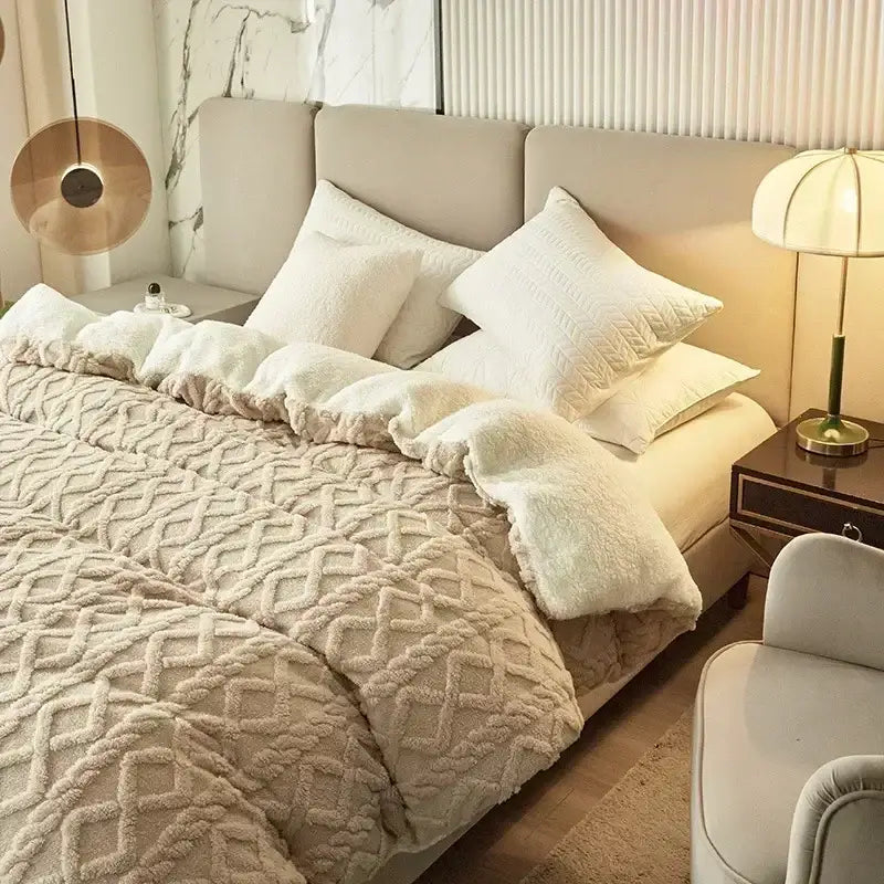 Beige textured fleece duvet cover with diamond pattern and plush finish in a cozy cashmere blanket duvet style