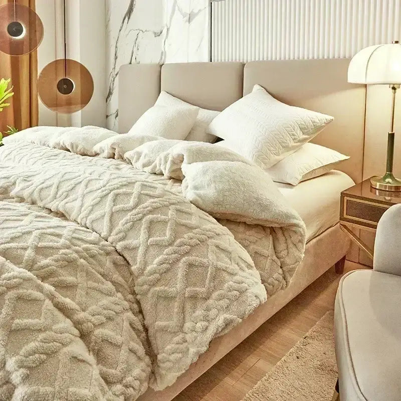 Cream-colored plush throw blanket with textured diamond pattern for cozy cashmere blanket duvet and fleece cover
