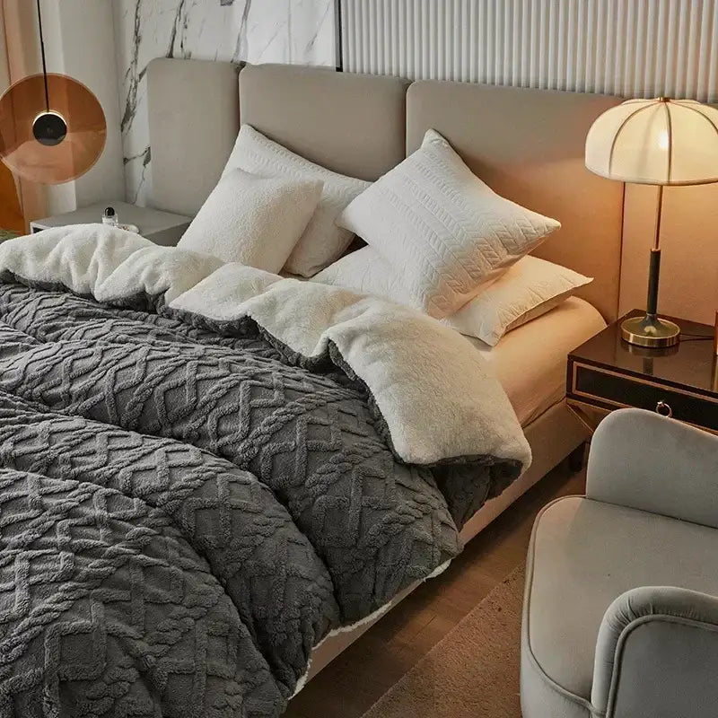 Gray textured fleece duvet cover with plush white inner lining for cozy cashmere blanket duvet in yellow and white bedroom