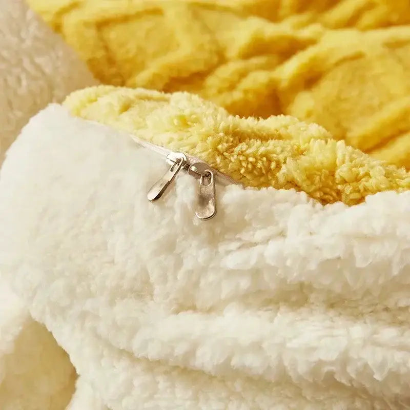White and yellow cozy cashmere blanket duvet cover with fleece material and silver zipper for bedroom use