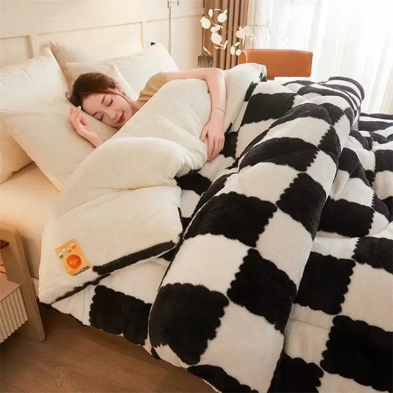 A plush black and white checkered winter blanket by decorbites cozy checkerboard with a soft fluffy texture