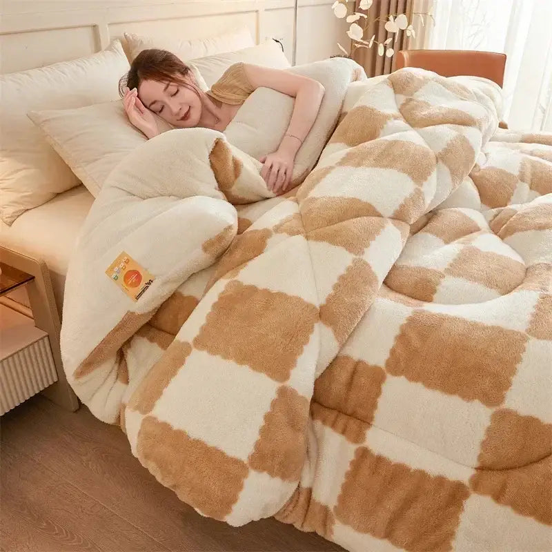 Cream and tan checkered plush quilt winter blanket with soft fluffy texture from decorbites cozy checkerboard winter collection