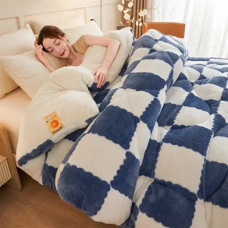 Blue and white checkered plush quilt with a soft fluffy texture decorbites cozy checkerboard winter blanket for comfort