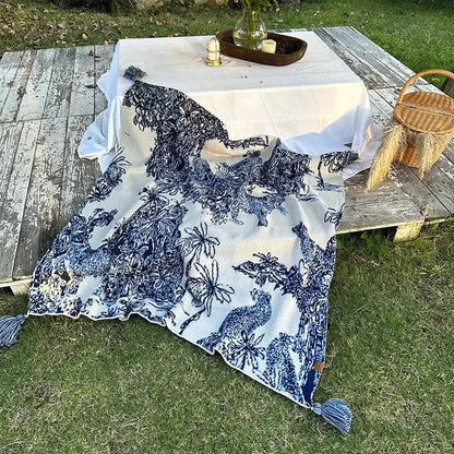 Cozy chinese ink blue and white toile knit blanket with tassels soft decorbites cozy chinese bedroom throw