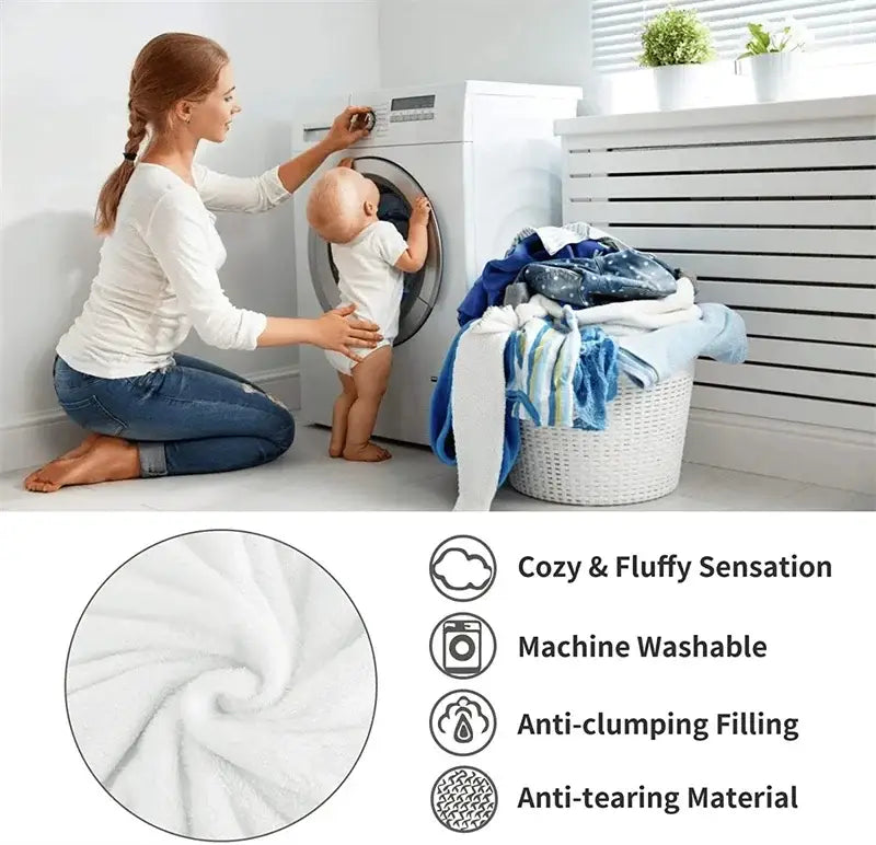 Cozy coral fleece blue and white quilted blanket with white fluffy, machine-washable, anti-clumping filling