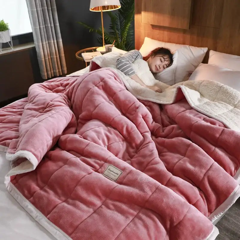 Pink plush quilt with white fleece lining and stitched panels decorbites cozy coral fleece blanket for bedroom decor