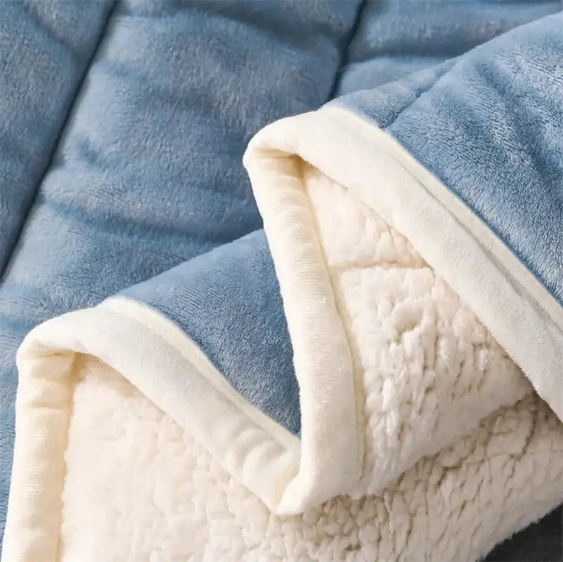 Cozy coral fleece blue and white quilted blanket with soft blue and cream plush exterior and cozy sherpa lining