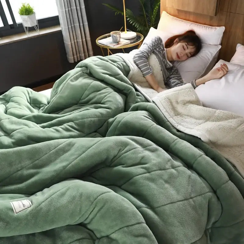 Soft moss green plush quilt with cream fleece lining showcasing decorbites cozy coral fleece bedroom blanket