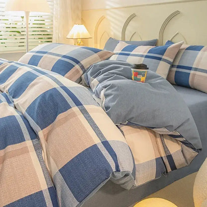 Blue beige and gray plaid duvet cover set with soft cotton texture from decorbites cozy cotton bedding set collection