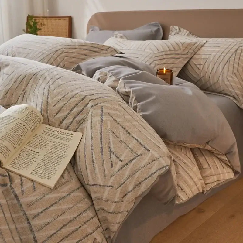 Beige and gray geometric patterned cozy cotton bedding set with soft textured fabric from decorbites cozy cotton collection