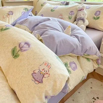 Pastel lavender and cream cozy cotton bedding set with cartoon bunnies and purple tulips from decorbites cozy cotton collection