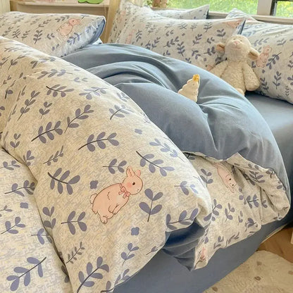 Cozy cotton bedding set cream pink and gray with cute pastel bunny and leaf pattern soft textured fabric by decorbites cozy cotton