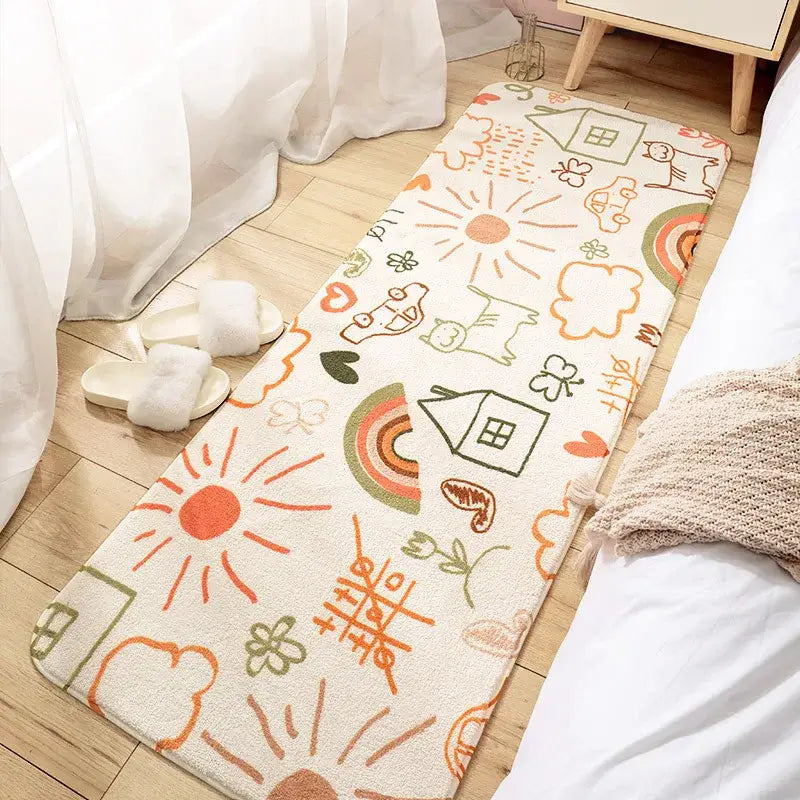 Cozy faux lamb wool bedside rug in cream with playful orange and green suns rainbows and animals decorbites cozy faux