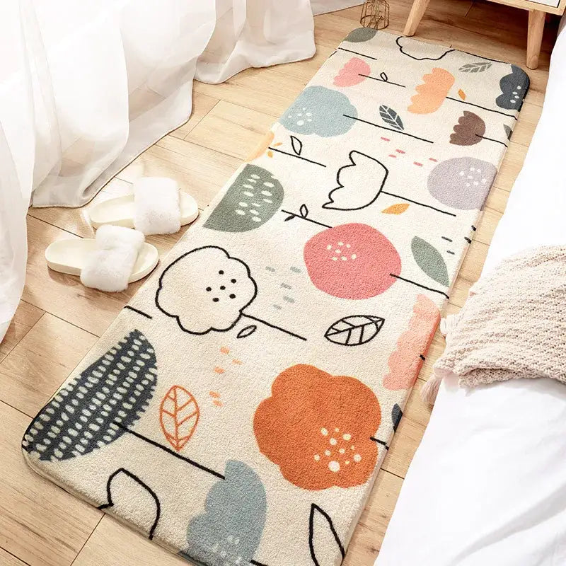 Cozy faux lamb wool bedside rug in cream with a pastel abstract botanical pattern for bedroom decorbites cozy faux
