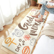 Cream-colored decorbites cozy faux lamb bedside rug with good morning script and orange gray sun clock lips hearts designs
