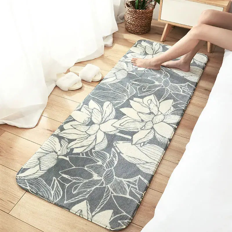 Gray and white floral-patterned bedside rug with cozy faux lamb wool texture for bedroom decorbites cozy faux comfort