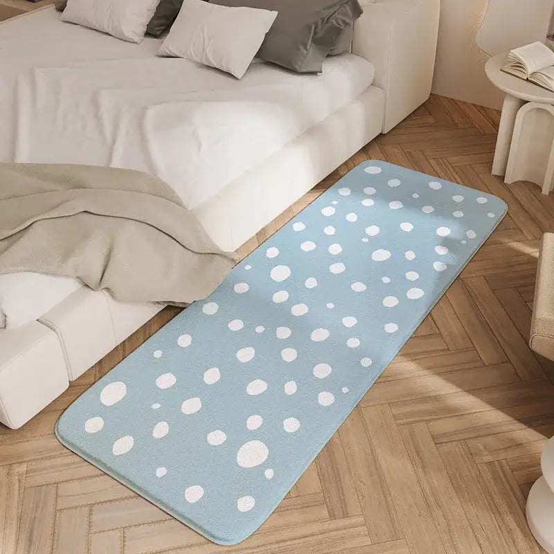 Light blue rectangular cozy faux lamb wool bedside rug with white polka dots for bedroom decorbites cozy faux