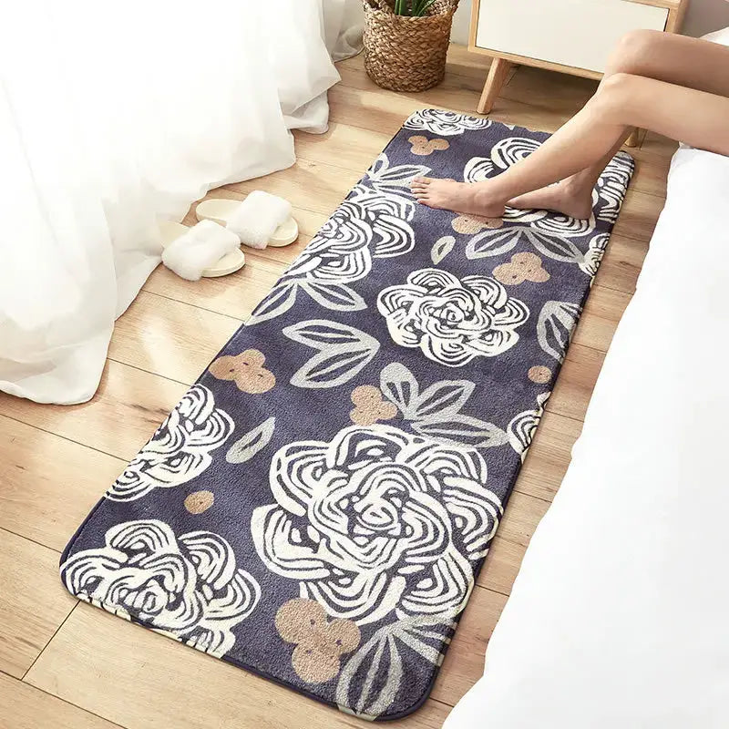 Navy blue cozy faux lamb bedside rug with plush texture and white beige floral pattern for bedroom decorbites cozy faux