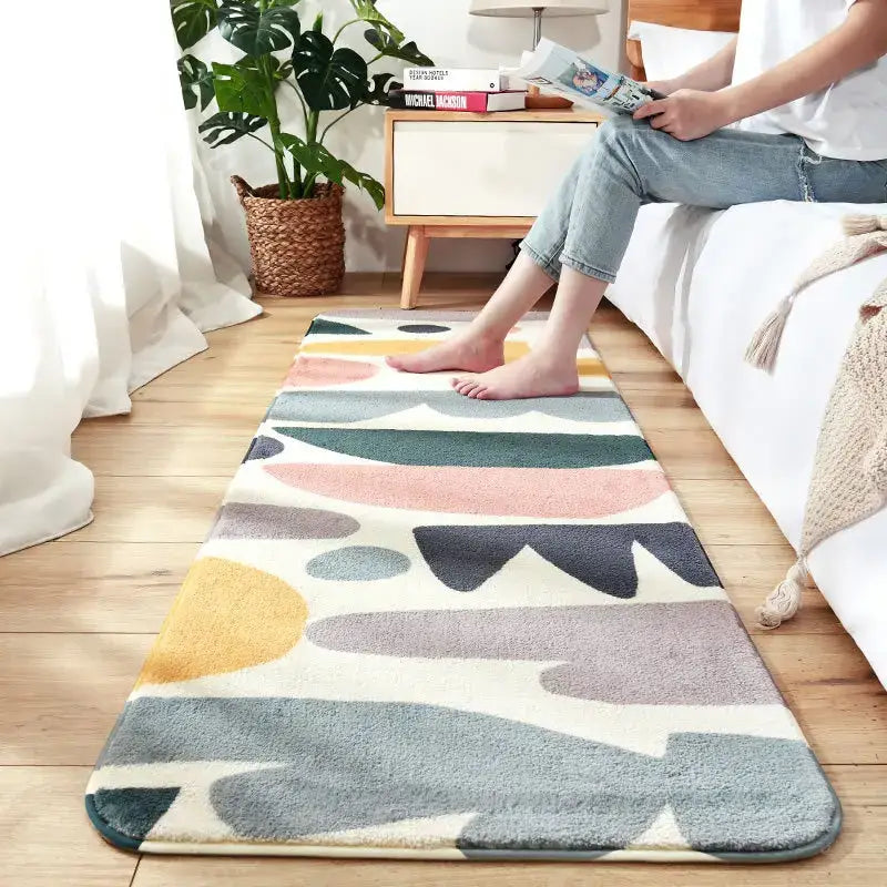 A plush cozy faux lamb wool bedside rug with modern abstract pastel and earth tone geometric design by decorbites cozy faux