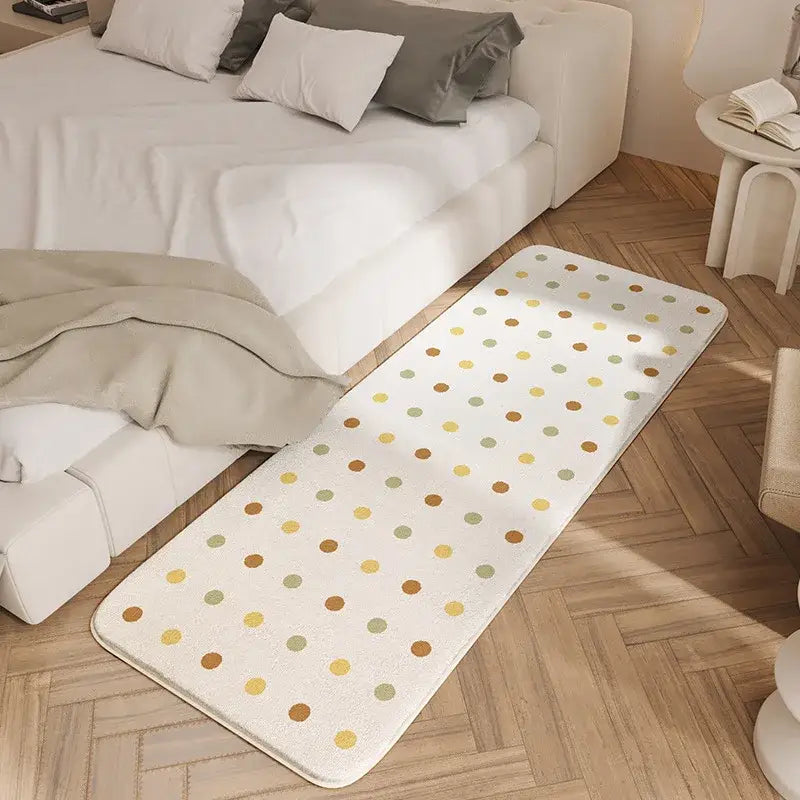 Cozy faux lamb off-white bedside rug with multicolored polka dots on wooden floor from decorbites cozy faux collection
