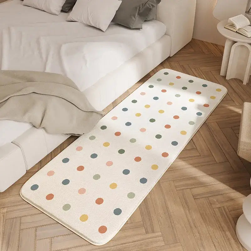 Cozy faux lamb bedside rug with white base and multicolored polka dots perfect for bedroom decorbites cozy faux