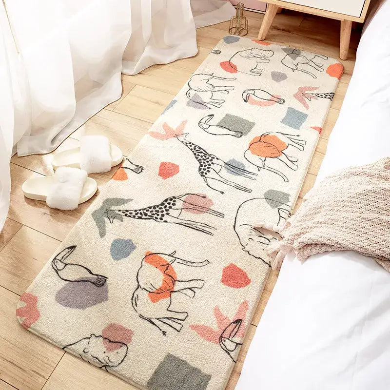 A cream-colored cozy faux lamb bedside rug with playful outlined animals and colorful accents for bedroom decorbites cozy faux