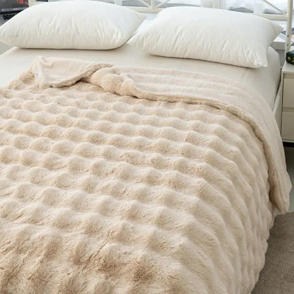 Beige cozy faux rabbit velvet throw blanket with quilted wavy texture for bedroom decorbites cozy faux plush use