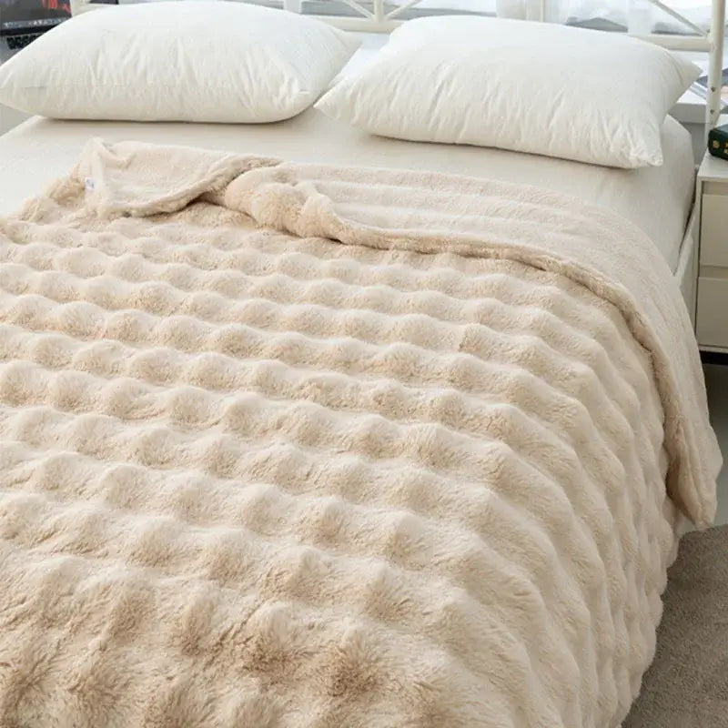 Beige cozy faux rabbit velvet throw blanket with quilted wavy texture for bedroom decorbites cozy faux plush use