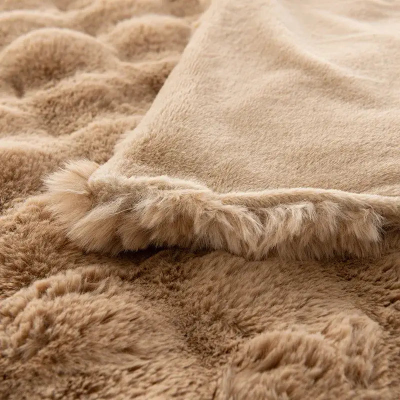 Beige decorbites cozy faux rabbit velvet plush throw blanket with textured surface and soft fluffy fringe edge