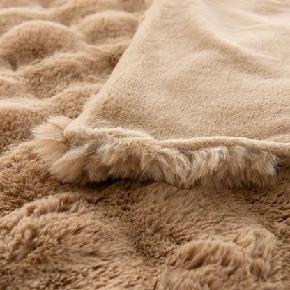 Beige decorbites cozy faux rabbit velvet plush throw blanket with textured surface and soft fluffy fringe edge