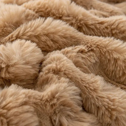 Tan faux rabbit velvet cozy faux blanket with plush textured surface and soft fluffy fibers for bedroom decorbites cozy faux