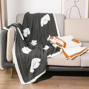 Dark gray decorbites cozy flannel blanket with white puppy faces and white fleece border for bedroom decor