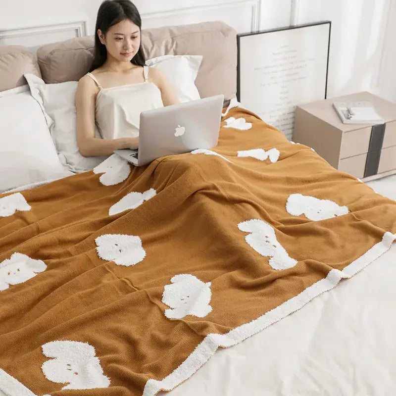 Warm brown decorbites cozy flannel blanket with soft white teddy bear appliqués and plush fuzzy texture for bedroom decor