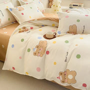 Cream-colored bedding set with cozy flower print featuring brown teddy bears in party hats and pastel polka dots decorbites cozy flower