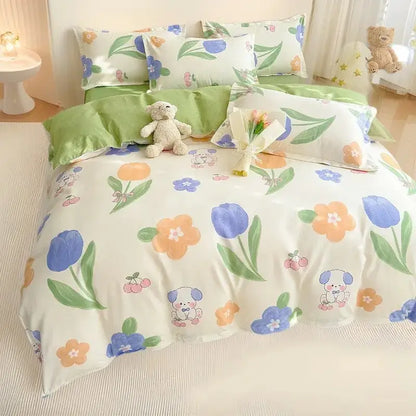Cute pastel floral and puppy-themed cozy flower print cream teddy bear bedding set for decorbites cozy flower decorbites cozy flower print
