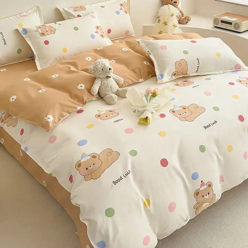 Cute beige teddy bear plush toy with soft fur and bow tie sitting on bed in decorbites cozy flower print bedding set