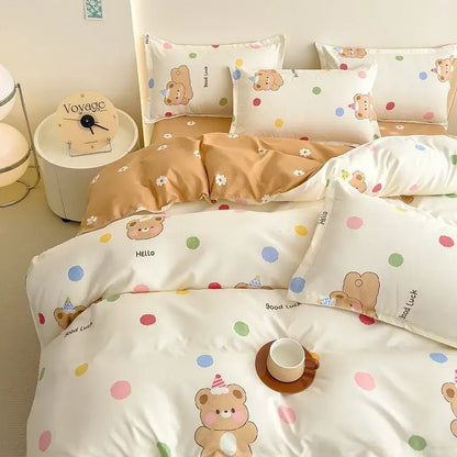 Cozy flower print cream teddy bear bedding set with beige white bear design colorful polka dots and hello text decorbites cozy flower