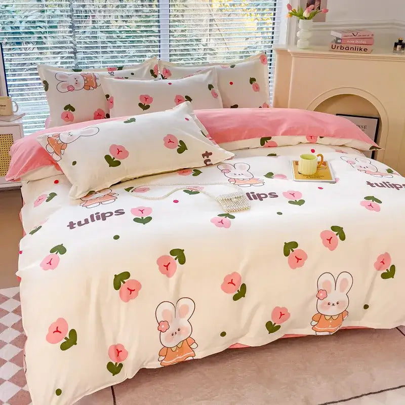 Cozy flower print cream teddy bear bedding set with cute pink tulip and bunny prints and soft pink pillowcases decorbites cozy flower