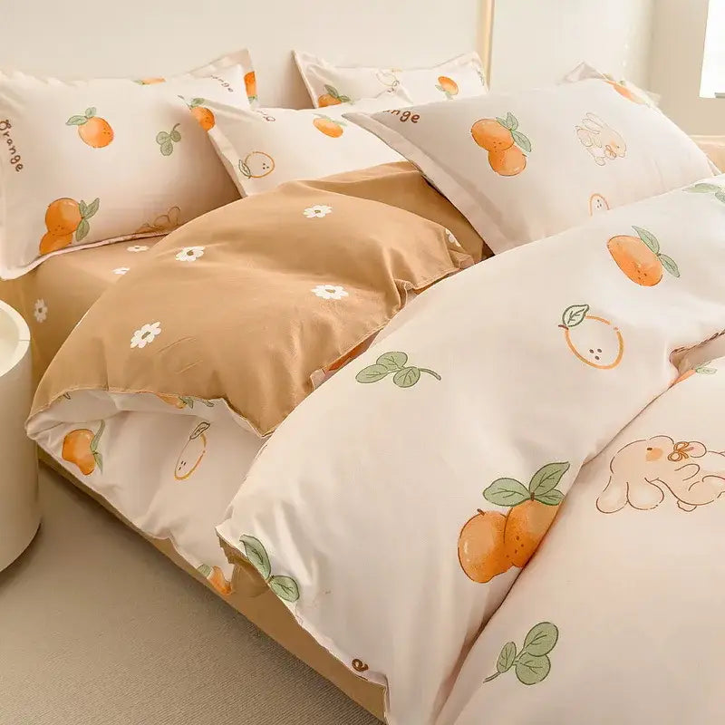 Cozy flower print peach bedding set with orange and bunny illustrations on soft cotton fabric for decorbites cozy flower decor